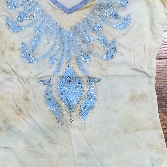 Beige and Blue Sparkly V-neck Top - Picture 2 of 9